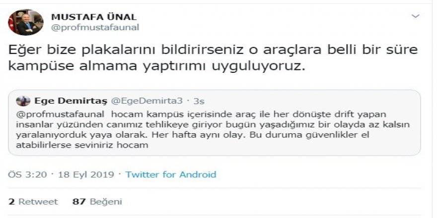 Öğrencinin Drift Şikayetine Rektörün "Plaka Gönderin" Cevabı